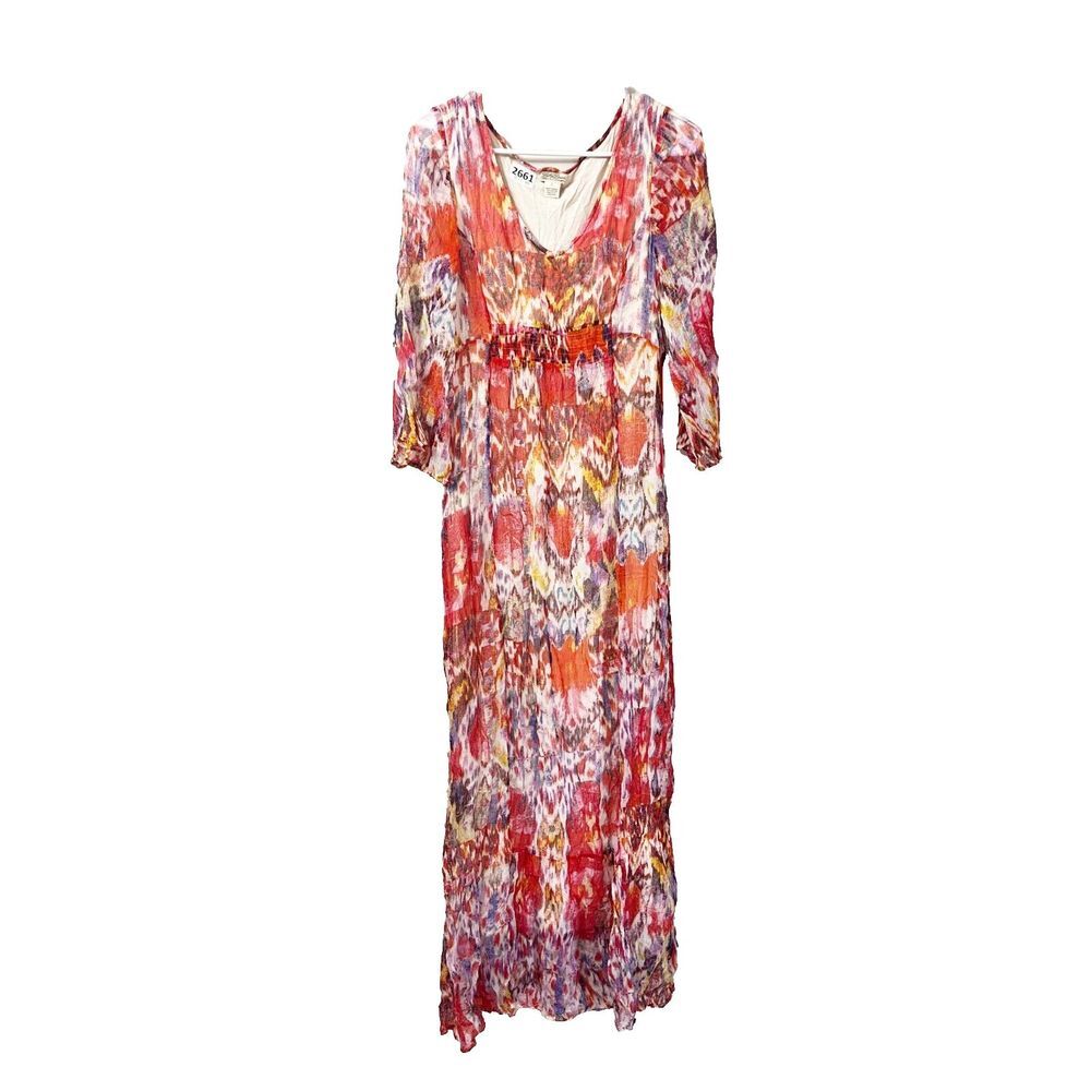 Lucky Brand Womens Colorful Bohemian Maxi Dress Large Flowy Long Sleeve V-Neck - Picture 1 of 8